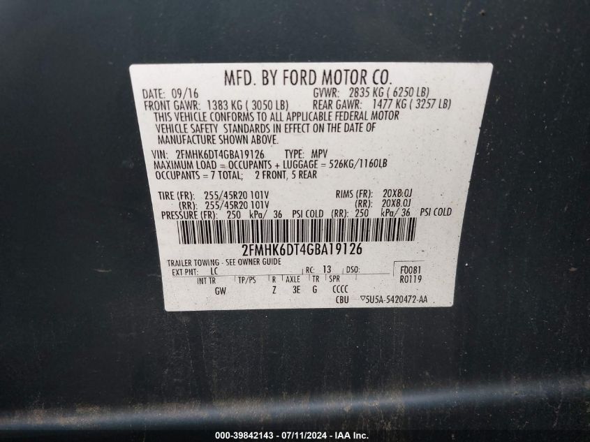 2016 Ford Flex Limited VIN: 2FMHK6DT4GBA19126 Lot: 39842143