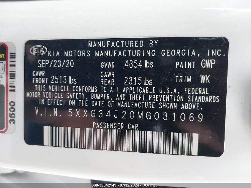 2021 Kia K5 Ex VIN: 5XXG34J20MG031069 Lot: 39842149