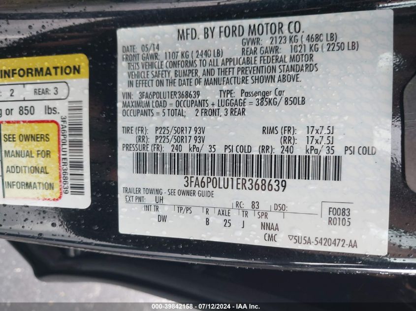 2014 Ford Fusion Hybrid Se VIN: 3FA6P0LU1ER368639 Lot: 39842158