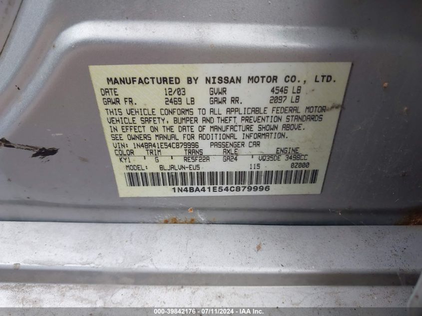 2004 Nissan Maxima 3.5 Se VIN: 1N4BA41E54C879996 Lot: 39842176