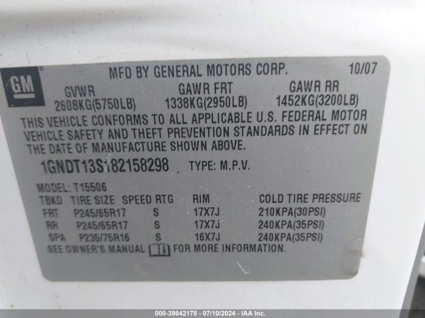 2008 Chevrolet Trailblazer Lt VIN: 1GNDT13S182158298 Lot: 39842178
