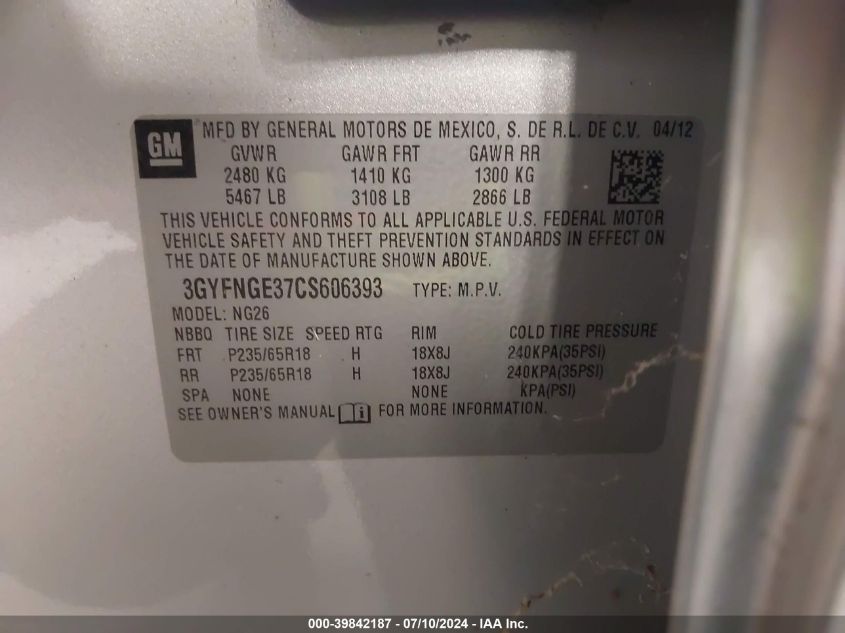 2012 Cadillac Srx Standard VIN: 3GYFNGE37CS606393 Lot: 39842187