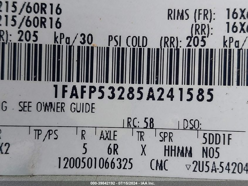 2005 Ford Taurus Se VIN: 1FAFP53285A241585 Lot: 39842192