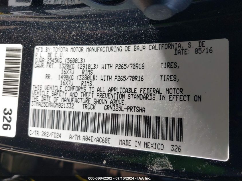 2016 Toyota Tacoma Trd Off Road VIN: 3TMAZ5CNXGM021332 Lot: 39842202