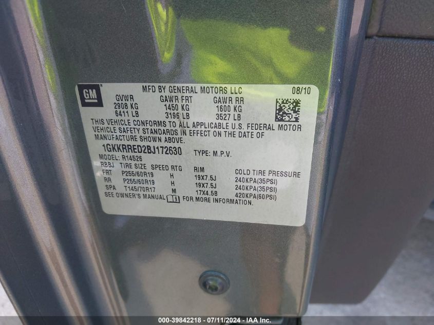 2011 GMC Acadia Slt-1 VIN: 1GKKRRED2BJ172630 Lot: 39842218