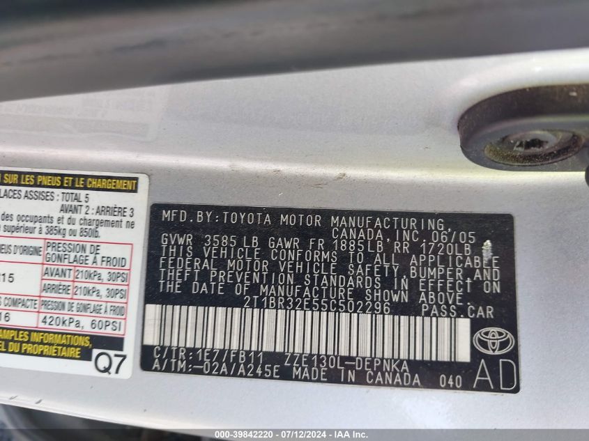 2T1BR32E55C502296 2005 Toyota Corolla Le