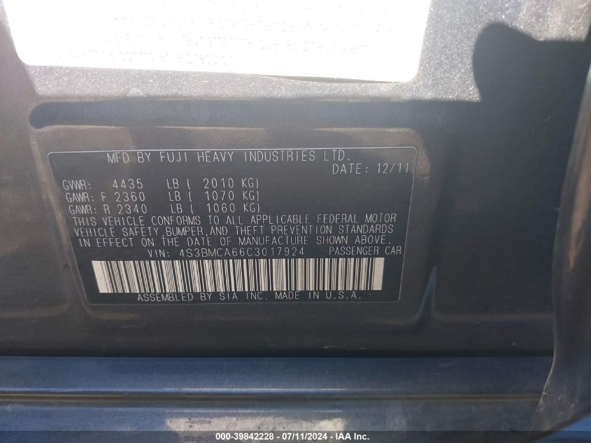 2012 Subaru Legacy 2.5I VIN: 4S3BMCA66C3017924 Lot: 39842228