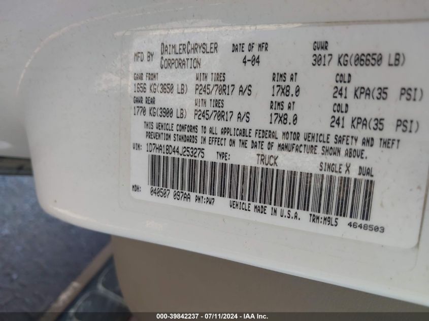 2004 Dodge Ram 1500 St/Slt VIN: 1D7HA18D44J253275 Lot: 39842237