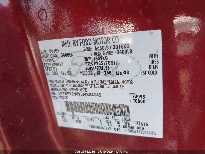 2005 Ford F-150 Stx/Xl/Xlt VIN: 1FTRF12W95NB84345 Lot: 39842250