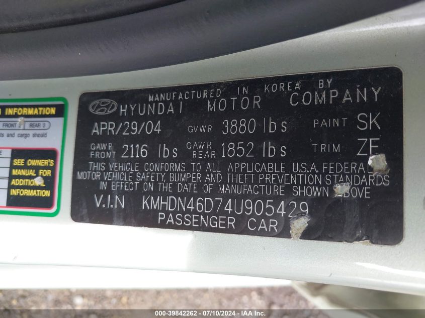 KMHDN46D74U905429 2004 Hyundai Elantra Gls/Gt