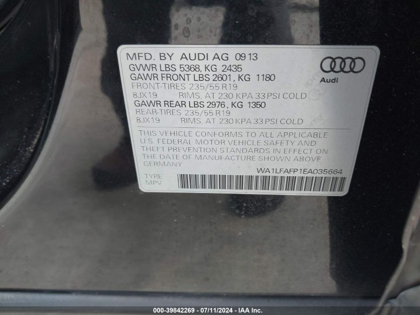 2014 Audi Q5 2.0T Premium VIN: WA1LFAFP1EA035664 Lot: 39842269