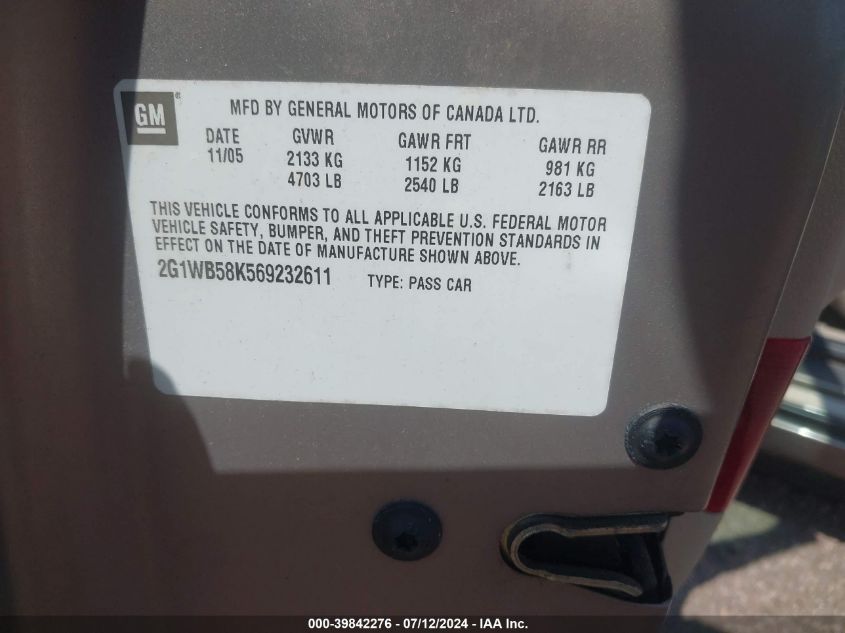 2006 Chevrolet Impala Ls VIN: 2G1WB58K569232611 Lot: 39842276