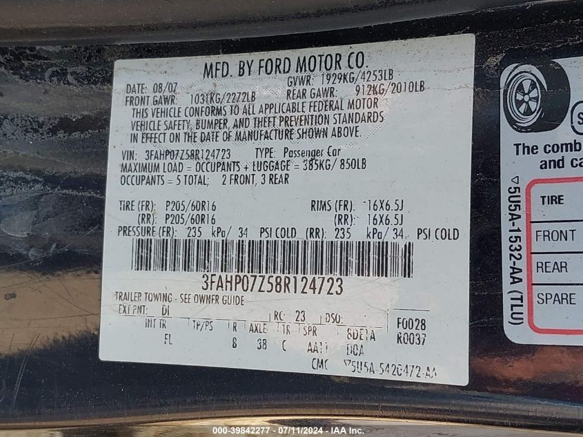 2008 Ford Fusion Se VIN: 3FAHP07Z58R124723 Lot: 39842277