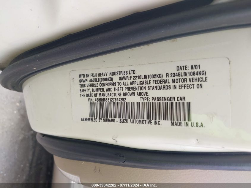 2002 Subaru Outback VIN: 4S3BH665127614282 Lot: 39842282