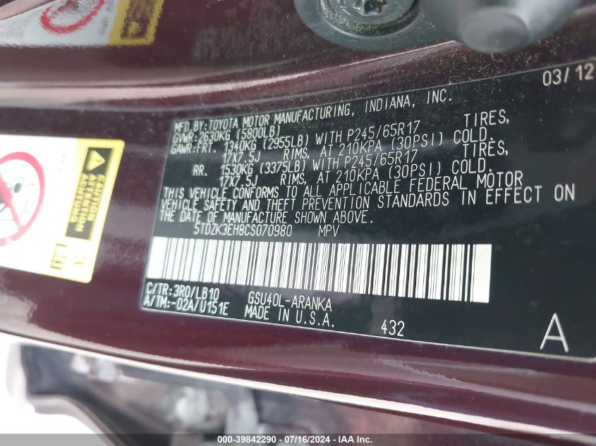 2012 Toyota Highlander Se V6 VIN: 5TDZK3EH8CS070980 Lot: 39842290