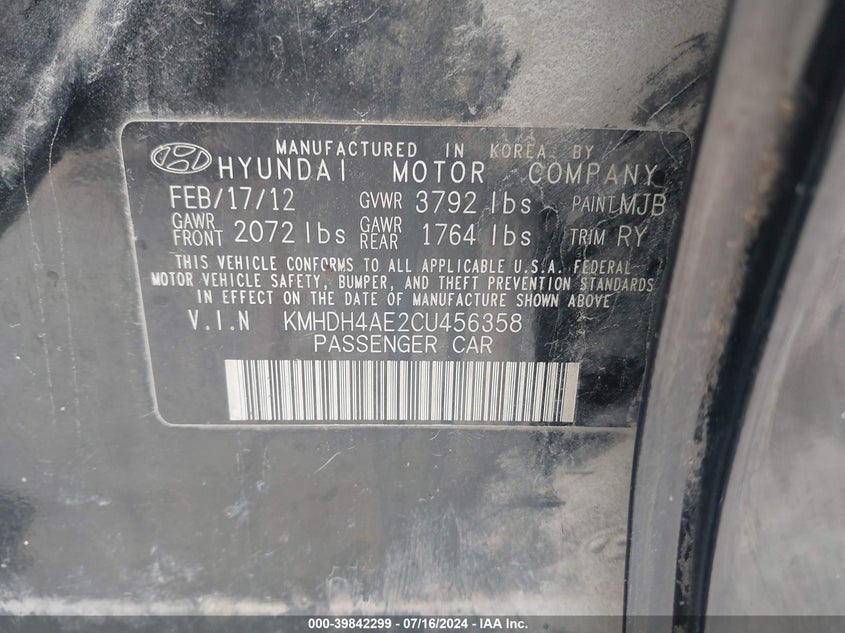 2012 Hyundai Elantra Limited (Ulsan Plant) VIN: KMHDH4AE2CU456358 Lot: 39842299