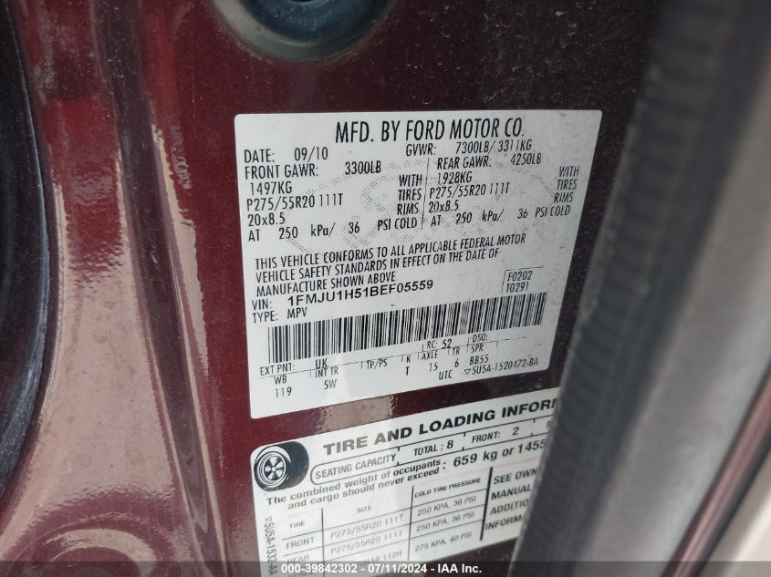2011 Ford Expedition King Ranch VIN: 1FMJU1H51BEF05559 Lot: 39842302