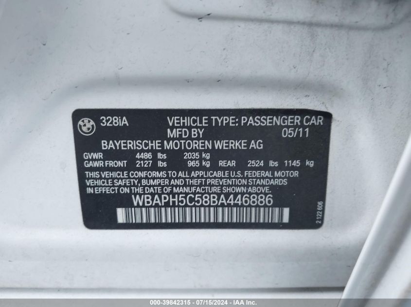 2011 BMW 328I VIN: WBAPH5C58BA446886 Lot: 39842315