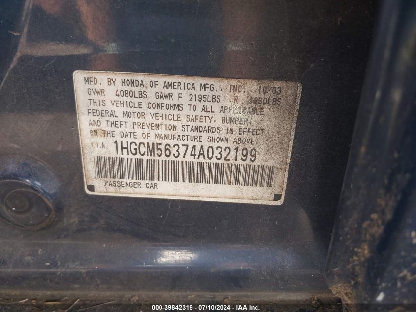 2004 Honda Accord 2.4 Lx VIN: 1HGCM56374A032199 Lot: 39842319