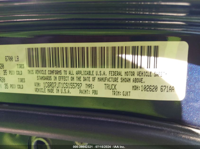2012 Ram 1500 Laramie VIN: 1C6RD7JT1CS155797 Lot: 39842321