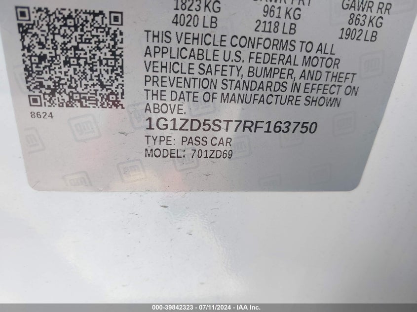 2024 Chevrolet Malibu Lt VIN: 1G1ZD5ST7RF163750 Lot: 39842323