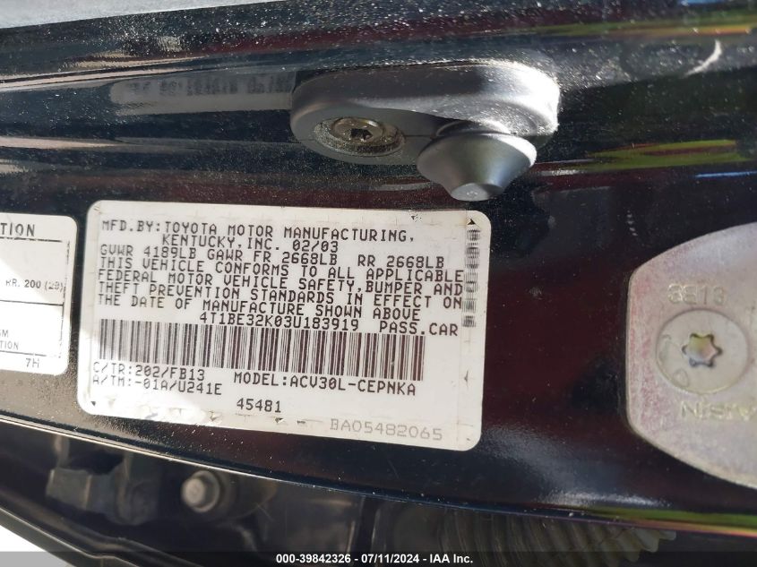 2003 Toyota Camry Le VIN: 4T1BE32K03U183919 Lot: 39842326