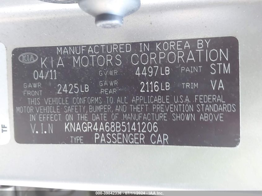 2011 Kia Optima Sx VIN: KNAGR4A68B5141206 Lot: 39842336