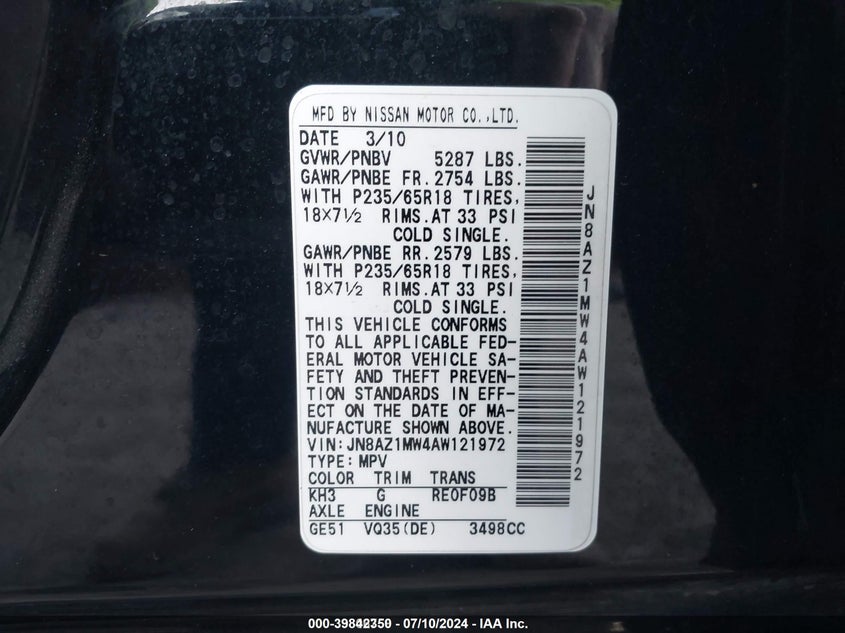 2010 Nissan Murano Sl VIN: JN8AZ1MW4AW121972 Lot: 39842350