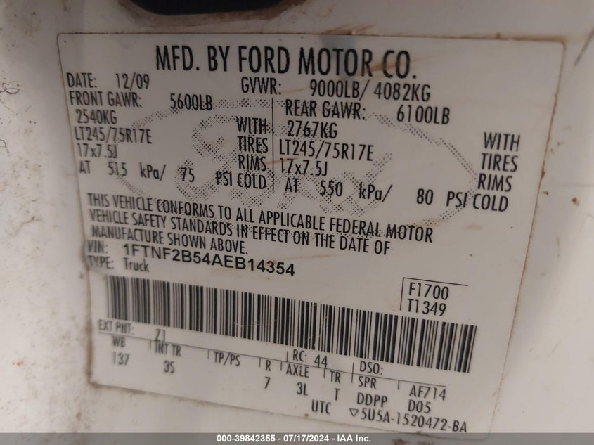 2010 Ford F-250 Super Duty VIN: 1FTNF2B54AEB14354 Lot: 39842355