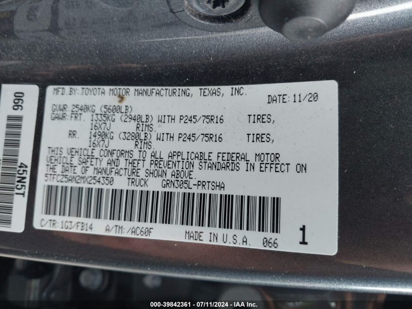 2021 Toyota Tacoma Sr V6 VIN: 5TFCZ5AN2MX254350 Lot: 39842361