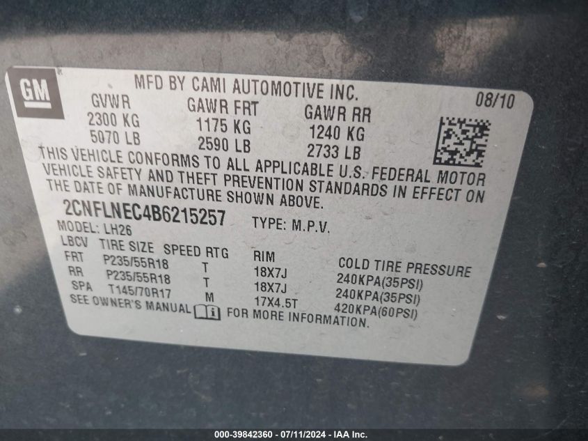 2011 Chevrolet Equinox 2Lt VIN: 2CNFLNEC4B6215257 Lot: 39842360