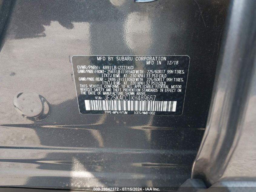 2019 Subaru Forester VIN: JF2SKACC1KH489657 Lot: 39842372