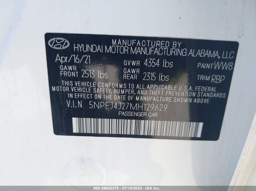 2021 Hyundai Sonata Sel Plus VIN: 5NPEJ4J27MH129629 Lot: 39842378