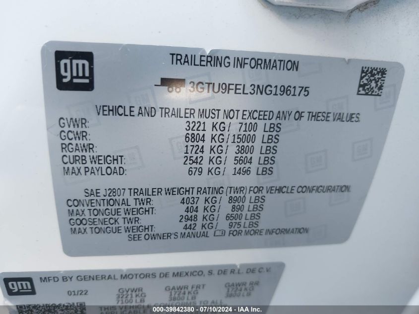 2022 GMC Sierra 1500 Limited VIN: 3GTU9FEL3NG196175 Lot: 39842380