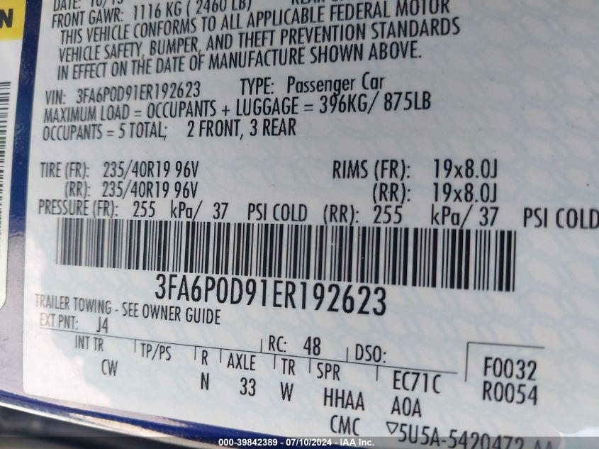 2014 Ford Fusion Titanium VIN: 3FA6P0D91ER192623 Lot: 39842389