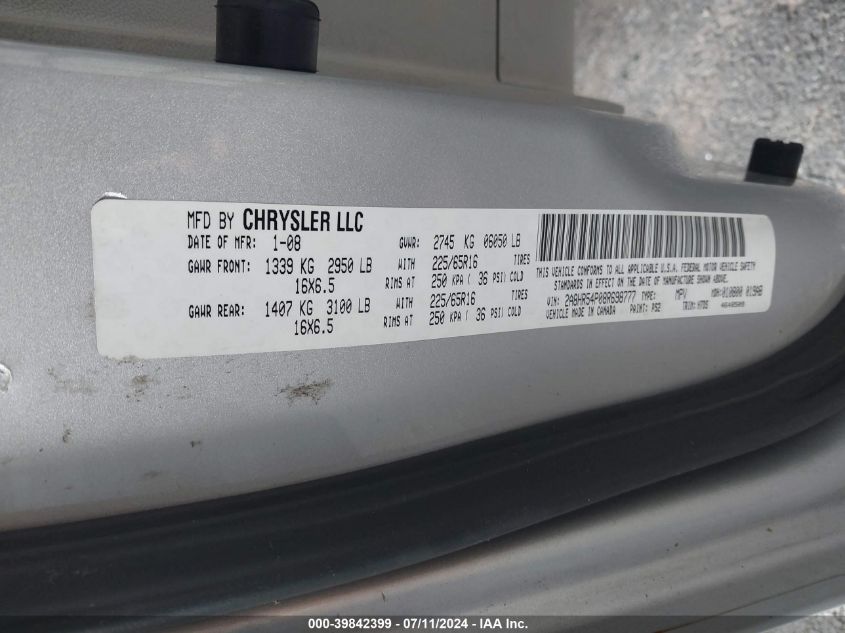 2008 Chrysler Town & Country Touring VIN: 2A8HR54P08R698777 Lot: 39842399