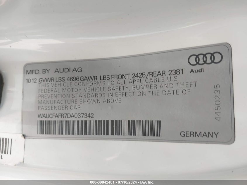 2013 Audi A5 Premium VIN: WAUCFAFR7DA037342 Lot: 39842401