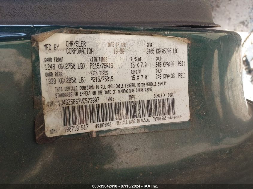 1997 Jeep Grand Cherokee Laredo/Tsi VIN: 1J4GZ58S7VC573307 Lot: 39842410