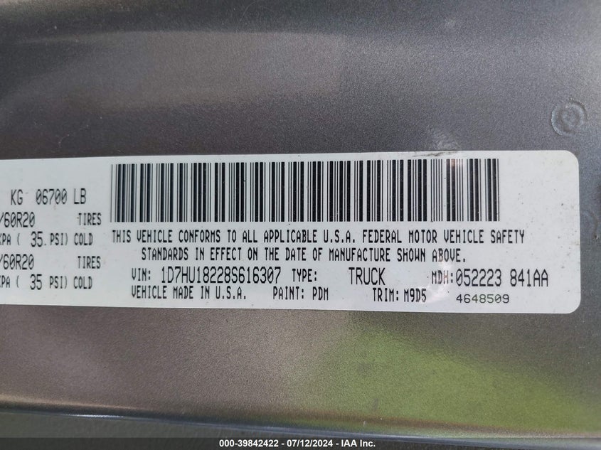 2008 Dodge Ram 1500 Slt VIN: 1D7HU18228S616307 Lot: 39842422