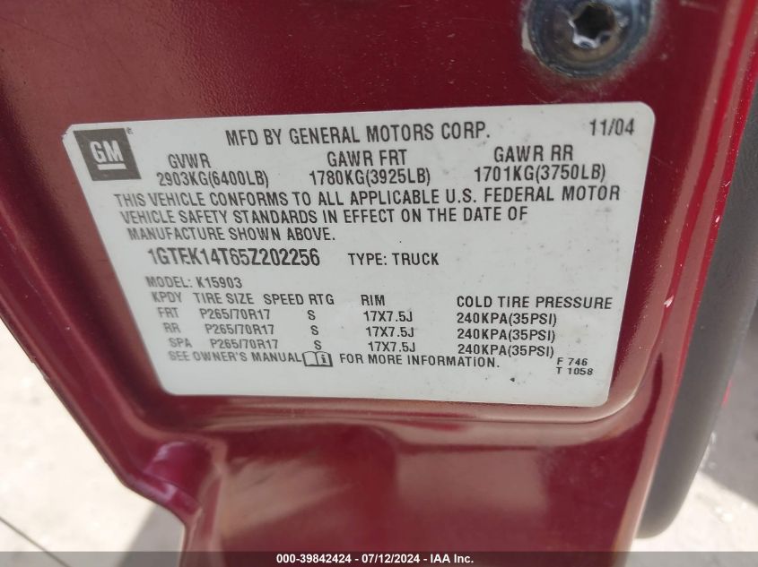 2005 GMC Sierra 1500 Sle VIN: 1GTEK14T65Z202256 Lot: 39842424