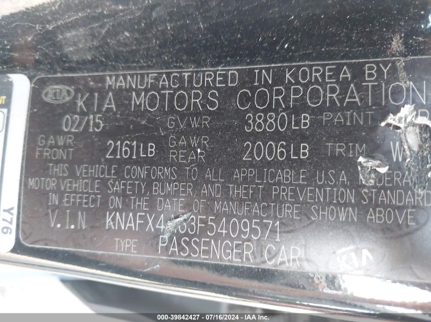 2015 Kia Forte Lx VIN: KNAFX4A63F5409571 Lot: 39842427