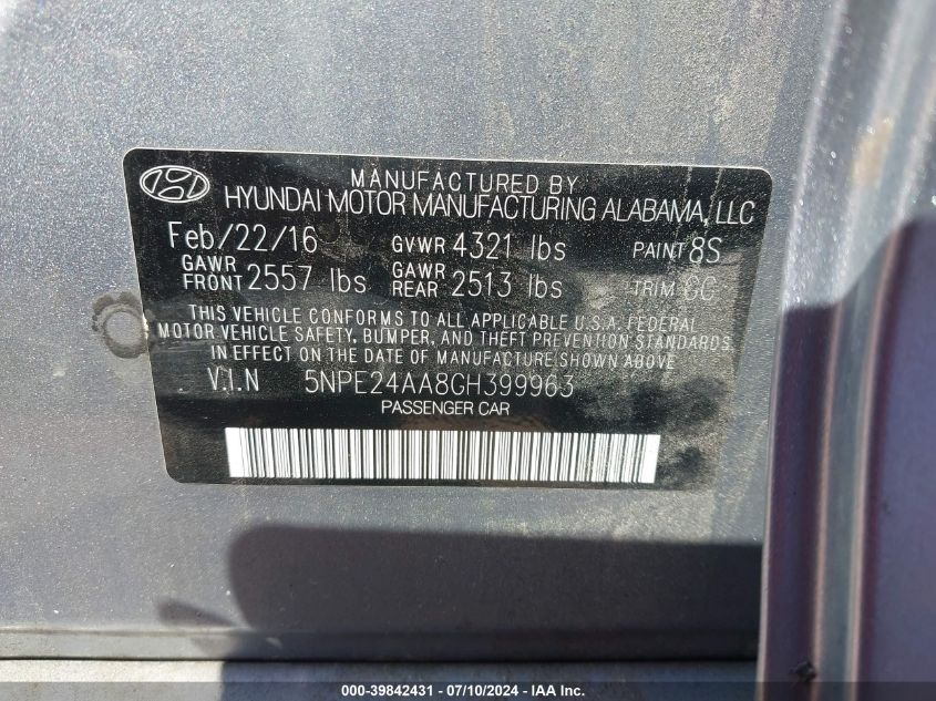 2016 Hyundai Sonata Eco VIN: 5NPE24AA8GH399963 Lot: 39842431