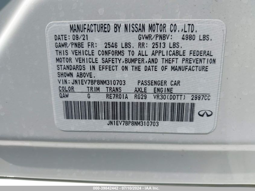 2022 Infiniti Q50 Luxe VIN: JN1EV7BP8NM310703 Lot: 39842442