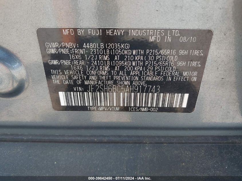 2010 Subaru Forester 2.5X VIN: JF2SH6BC5AH917743 Lot: 39842450