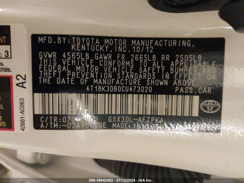 2012 Toyota Avalon Limited VIN: 4T1BK3DB0CU473020 Lot: 39842452