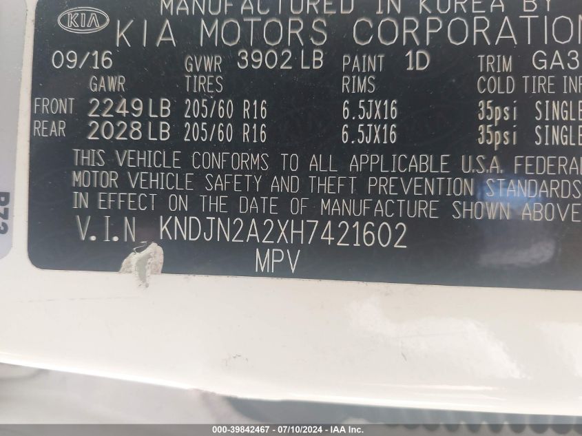 2017 Kia Soul VIN: KNDJN2A2XH7421602 Lot: 39842467