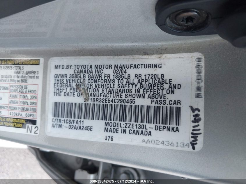 2004 Toyota Corolla Le VIN: 2T1BR32E54C290465 Lot: 39842475