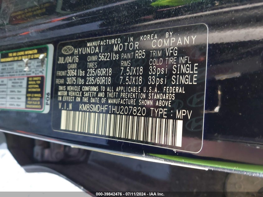 2017 Hyundai Santa Fe Se VIN: KM8SMDHF1HU207820 Lot: 39842476