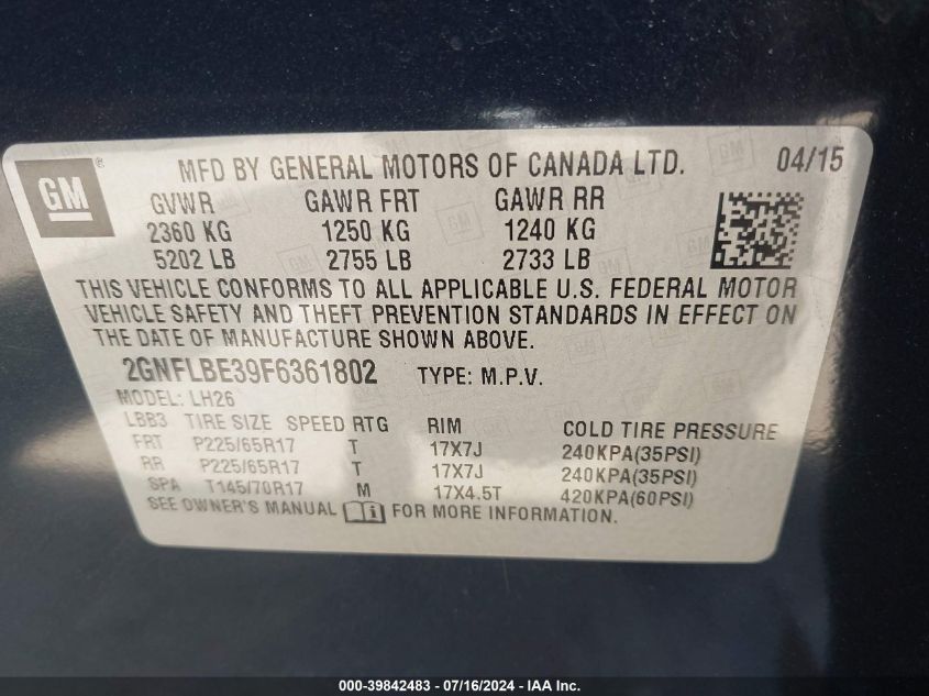 2015 Chevrolet Equinox 1Lt VIN: 2GNFLBE39F6361802 Lot: 39842483