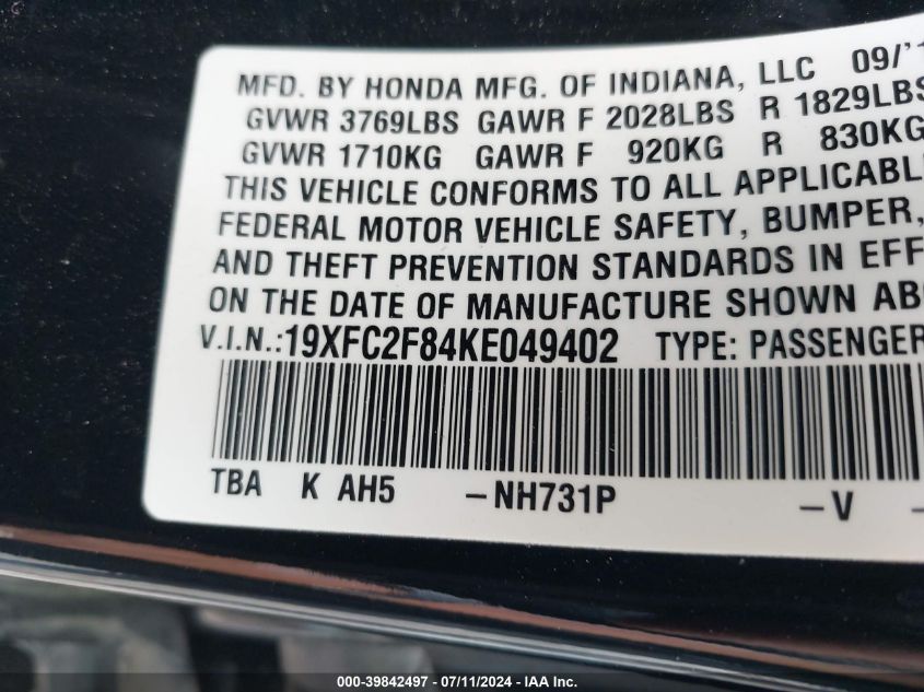 2019 Honda Civic Sport VIN: 19XFC2F84KE049402 Lot: 39842497